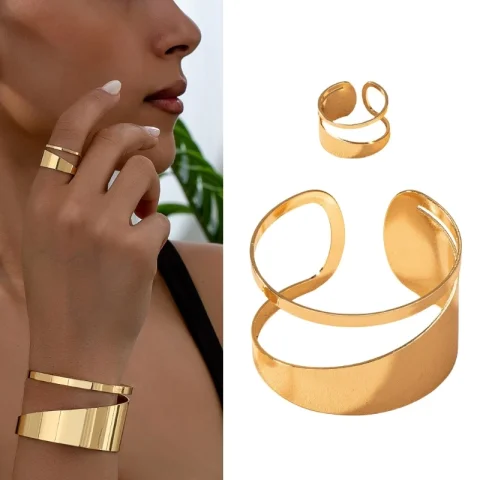Elegante juego joyas oro Juego joyas oro para mujeres únicas con anillos circulares huecos y brazaletes para P9YF
