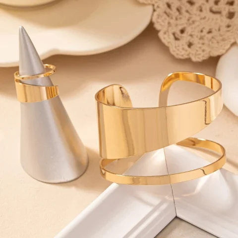 Elegante juego joyas oro Juego joyas oro para mujeres únicas con anillos circulares huecos y brazaletes para P9YF