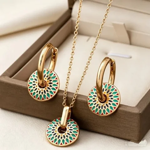 Conjunto de joyería de aleación con patrón floral pintado, collar con colgante que no se decolora, diseño geométrico, pendientes con diseño de goteo de aceite de colores 5