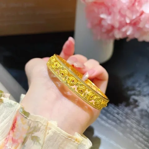 KISS & FLOWER-conjunto de joyas doradas de lujo para mujer, anillo, pendientes, pulsera y collar, regalo de boda, cumpleaños, novia y madre, JS68 5