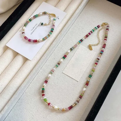 Nueva moda, gargantilla de perlas naturales de piedra con cuentas coloridas, collares para mujeres y niñas, collares Vintage de Color dorado, pulsera, conjunto de joyería 5