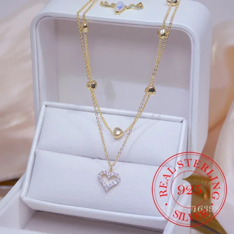 Collar de doble capa de oro Real de 14k para mujer, cadena de clavícula de circonita AAA brillante, colgante elegante, joyería de boda