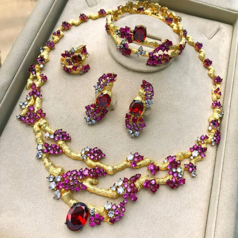 Jimbora, conjunto de joyería africana de lujo, regalos nupciales de Dubái, nuevo encanto brillante, 4 Uds., collar, anillo para mujer, fiesta de boda, cristal de circón 5