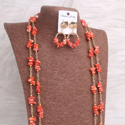 4ujewelry-collar de cuentas de Coral nigeriano para mujer, conjuntos de joyería nupcial, diseño largo de boda, 3 piezas 3