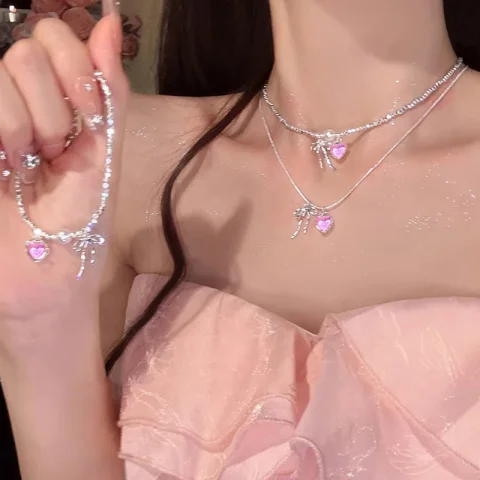 Y2K-collar con lazo a la moda para mujer, pulsera de cadena de clavícula de circón rosa, conjunto de joyería elegante y dulce de estilo Ballet, regalos de fiesta