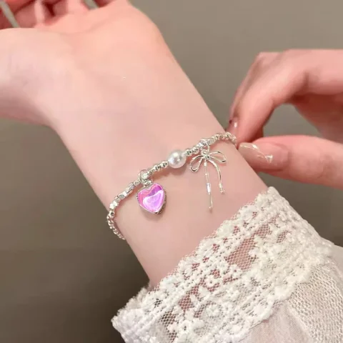 Y2K-collar con lazo a la moda para mujer, pulsera de cadena de clavícula de circón rosa, conjunto de joyería elegante y dulce de estilo Ballet, regalos de fiesta 5
