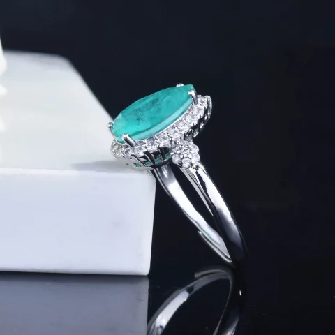 Conjunto de collar, pendientes y anillos de turmalina azul para mujer, Color plateado, chapado en oro blanco, gota de agua, joyería para fiesta de boda 3