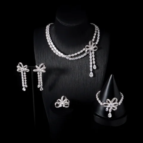 IN JEWELIFE - Juego de Joyas de Lujo con Dos Hileras de Circonitas Cúbicas Superpuestas para Mujer, Conjuntos de Boda, Accesorios Nupciales con Lazo, 241105 3