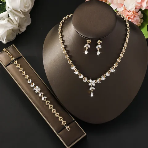 Pendientes de novia de alta gama, collar, conjunto de hojas y gotas de agua, vestido de novia, accesorios para banquetes 4