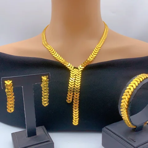 Conjuntos de joyería de Dubái para mujer, collares de cadena larga, pendientes, conjunto de tres piezas, Color dorado de 24 quilates, regalos de fiesta de boda eritrea