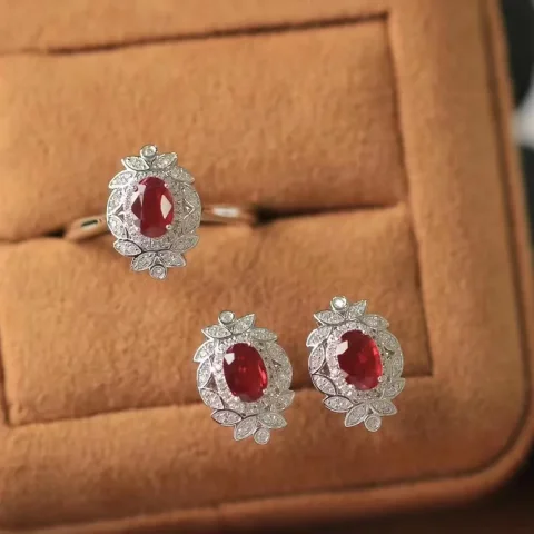 Plata 925 con incrustaciones llenas de diamantes, hojas, conjuntos de joyas de rubí, piedras preciosas rojas frescas, collar de boda, anillo, pendientes de lujo ligeros