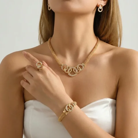 Conjunto de joyería circular entrelazado con diamantes de imitación de lujo para mujer, collar de cristal de Color dorado, pendientes, pulsera, anillo, regalos