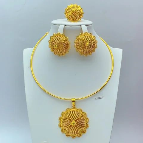 Conjuntos de Joyería de Lujo Chapados en Oro de 24k para Mujer, Estilo Africano, Indio, Etíope, Dubai, Collar y Pendientes para Novia, Regalo para Fiesta de Bodas 1