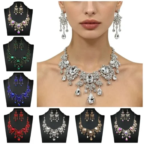 Elegante Conjunto de Joyas con Pedrería, Collar y Pendientes Barrocos Brillantes, Accesorios de Lujo para Novias y Bodas, Vestimenta de Fiesta 4