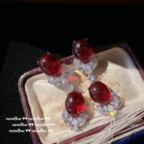 Conjunto de joyería de plata S925 para mujer, collar geométrico de rubí de laboratorio, pendientes, anillo, pulsera, joyería elegante para fiesta, joyería de boda 4