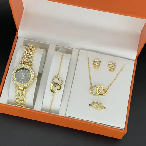 1 Juego de joyería para mujer con caja de regalo colección completa de reloj de cuarzo collar pulsera anillo pendiente conjunto joyería dorada regalo 1