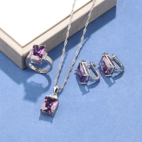 Joyería Fina rectangular única para mujer, accesorio de boda Original de plata 925, collar, pendientes, pulsera, conjuntos de anillos 3