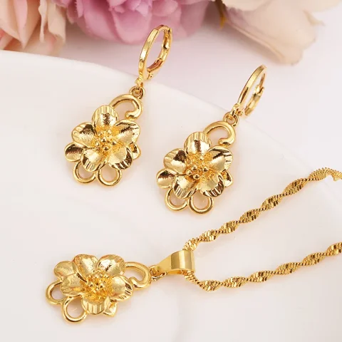 Joyería de Color dorado a la moda para mujer, conjunto de collar y pendientes, accesorios de fiesta, regalo de Dubai, India y África 5