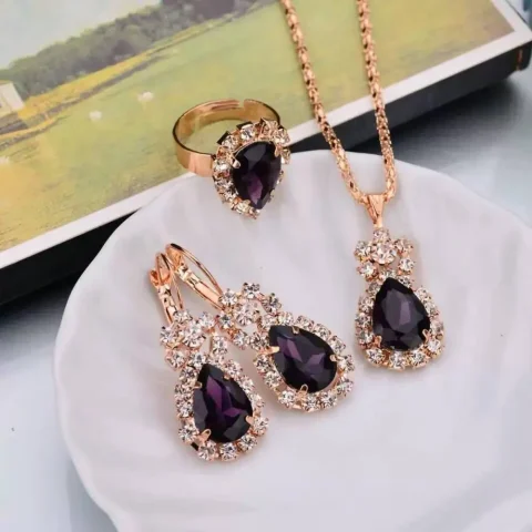 3 unids/set de joyería de boda de lujo, collar de aleación suave, pendientes, conjunto de anillo, pendientes de novia brillantes, conjunto de anillo y collar 2