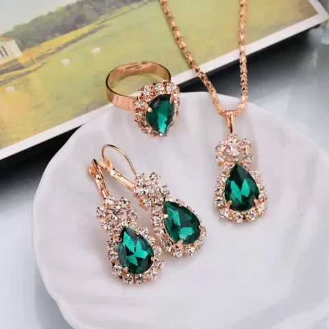 3 unids/set de joyería de boda de lujo, collar de aleación suave, pendientes, conjunto de anillo, pendientes de novia brillantes, conjunto de anillo y collar 3