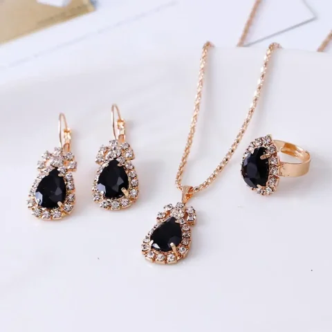 3 unids/set de joyería de boda de lujo, collar de aleación suave, pendientes, conjunto de anillo, pendientes de novia brillantes, conjunto de anillo y collar 4