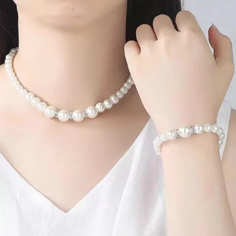 Collar, pulsera, pendientes, 3 unids/set, conjunto de joyería para mujer, elegante boda, fiesta, Imiation, perlas, cuentas de cristal, accesorios de regalo 3