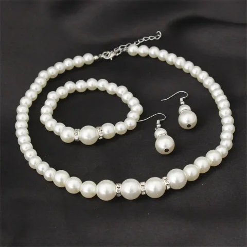 Collar, pulsera, pendientes, 3 unids/set, conjunto de joyería para mujer, elegante boda, fiesta, Imiation, perlas, cuentas de cristal, accesorios de regalo 5