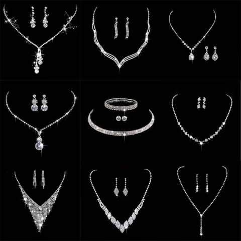 Conjunto de joyería de novia de cristal a la moda, vestido de novia Chapado en plata con diamantes de imitación, collar para banquete, conjunto de pendientes, regalo para mujer 1