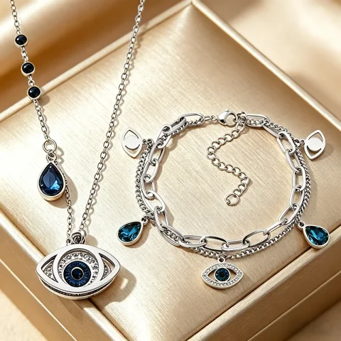 Conjunto de joyas de ojo turco para mujer, collar y pulsera de acero inoxidable con cristal azul, joyería turca de protección y buena suerte. 3