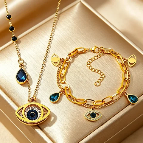 Conjunto de joyas de ojo turco para mujer, collar y pulsera de acero inoxidable con cristal azul, joyería turca de protección y buena suerte. 5