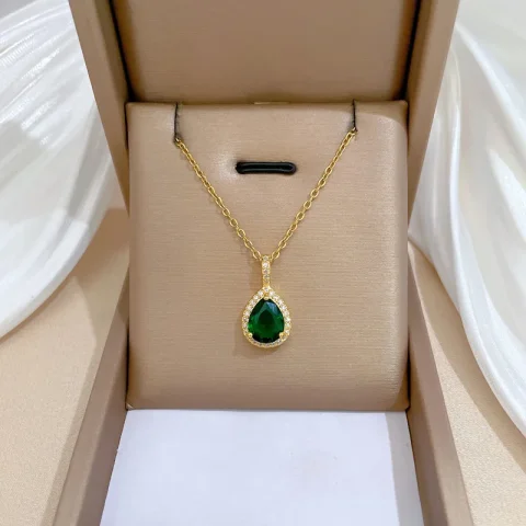 Conjunto de 2 piezas de joyería para mujer, collar con colgante de diamantes de imitación verdes en forma de gota de agua, pendientes de botón, vestido de novia, conjunto de joyería nupcial 3