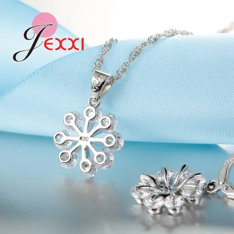 Conjuntos de joyería de boda romántica, cadena de plata de ley 925, collar de copo de nieve de cristal transparente, pendientes colgantes, bisutería 3