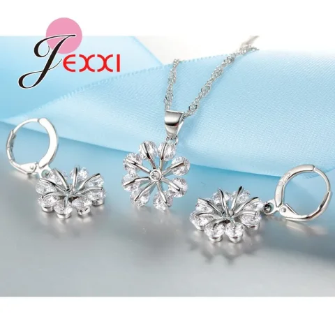 Conjuntos de joyería de boda romántica, cadena de plata de ley 925, collar de copo de nieve de cristal transparente, pendientes colgantes, bisutería 4