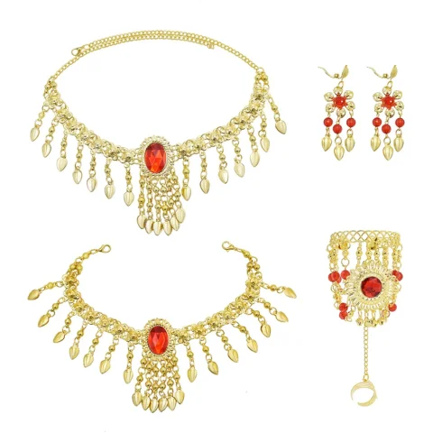 Conjuntos de joyería tradicional India para danza del vientre, campana de cristal acrílico rojo, collar con borlas, pendientes, pulsera, accesorios para el cabello para mujer