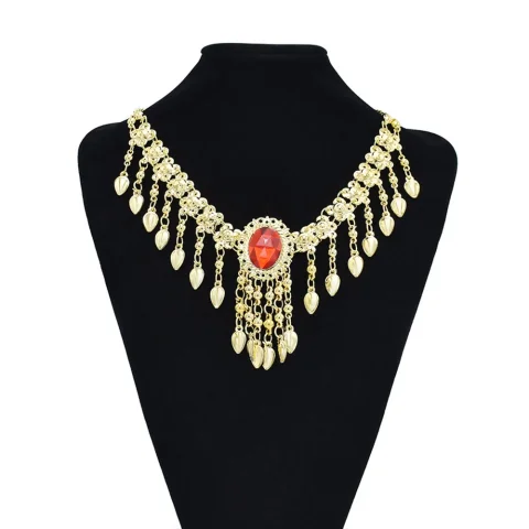 Conjuntos de joyería tradicional India para danza del vientre, campana de cristal acrílico rojo, collar con borlas, pendientes, pulsera, accesorios para el cabello para mujer