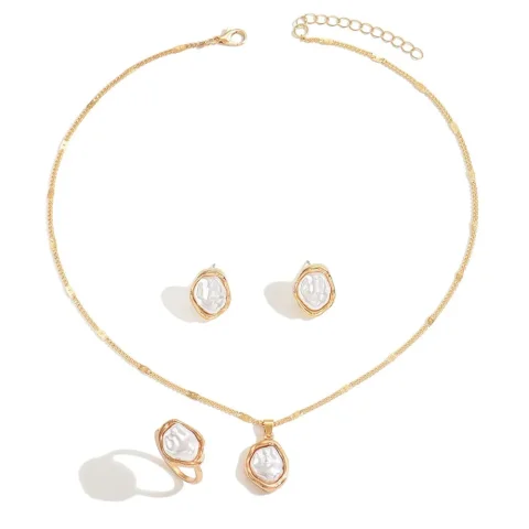 Conjunto de Joyería de Perlas de Imitación Estilo Barroco, Collar, Aretes y Anillo Ajustables, Elegante, Estilo INS, para Uso Diario