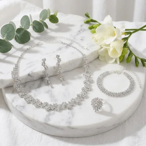Conjunto de Joyería de Aleación con Diamantes de Imitación Brillantes, Collar Irregular, Pulsera, Pendientes y Anillo Plateados, Conjunto de Joyería Nupcial Brillante para Fiesta de Graduación