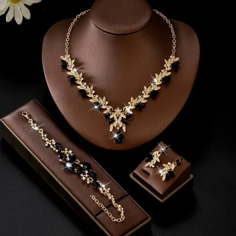Conjunto de Joyería de Lujo con Cristales en Forma de Lágrima, Chapado en Oro, Collar, Pulsera y Pendientes con Dijes Brillantes, Kit Combinado para Fiestas Nocturnas