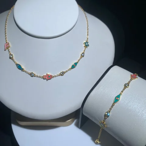 Nuevo 2025 joyería de moda para mujer Color dorado esmalte colorido lindo símbolo encantador encanto pulsera collar conjunto
