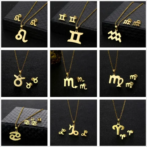 Conjuntos de joyería de acero inoxidable, capricórnio, Acuario, Piscis, Aries, Tauro, Géminis, cáncer, Leo, Virgo, Libra, Escorpio, Sagitario, collar, pendiente