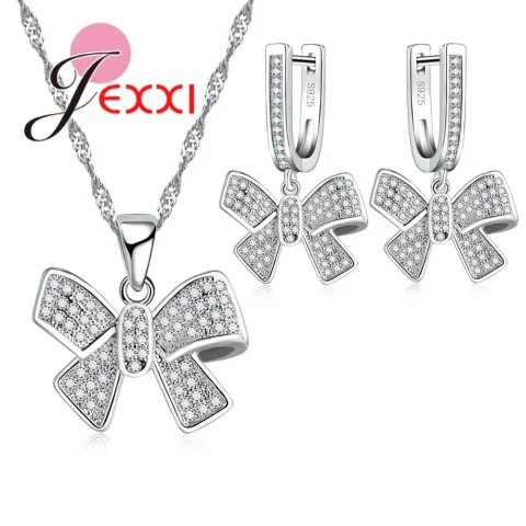 Conjuntos de joyería clásicos con lazo de remolque para mujer, collar llamativo de circón con diamantes de imitación, pendientes, conjunto de accesorios de Plata de Ley 925