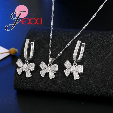Conjuntos de joyería clásicos con lazo de remolque para mujer, collar llamativo de circón con diamantes de imitación, pendientes, conjunto de accesorios de Plata de Ley 925