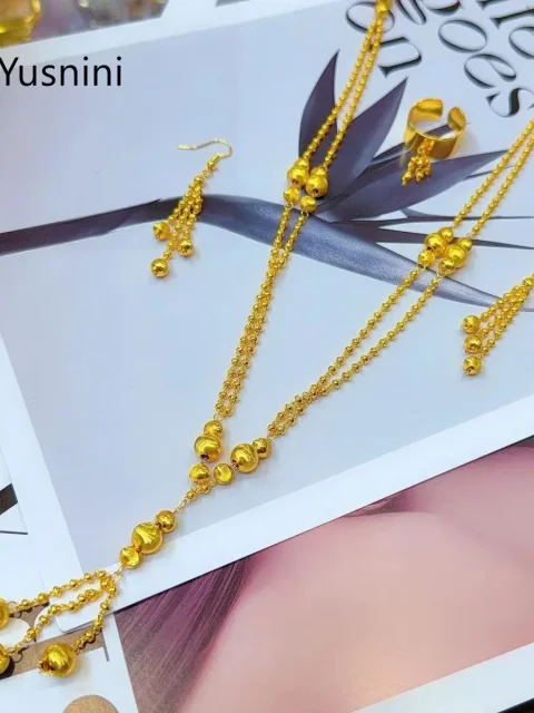 Nuevo conjunto de joyería de alta gama chapado en oro de 24K de Dubái, collar, aretes y anillos, romántico para bodas y fiestas, para parejas 777 5
