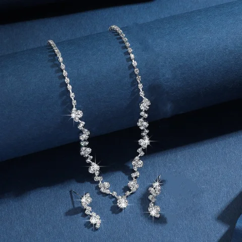 Conjunto de collar y pendientes a la moda para mujer, accesorios de boda con diamantes de imitación, pendientes colgantes para novia, conjuntos de joyería elegantes 3