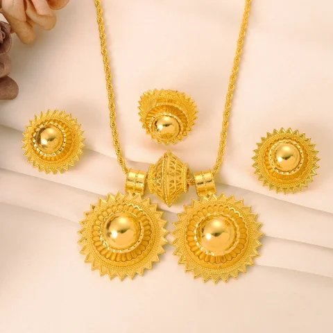 Conjunto de joyería Etíope para hombre y mujer, colgante de 2 piezas, collar, pendientes, anillo, pulsera, Color dorado, regalo de fiesta de boda Habesha