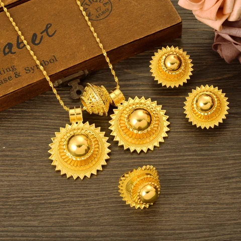 Conjunto de joyería Etíope para hombre y mujer, colgante de 2 piezas, collar, pendientes, anillo, pulsera, Color dorado, regalo de fiesta de boda Habesha