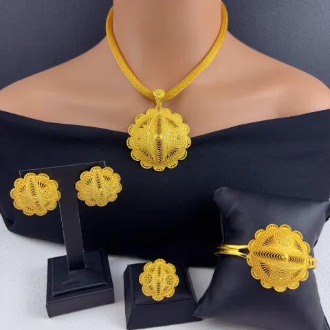 Juego de Joyas de Collar y Pendientes Chapados en Oro de 24K Estilo Árabe para Mujer, Regalos de Joyería para Bodas y Fiestas en Nigeria, Dubái, India y África