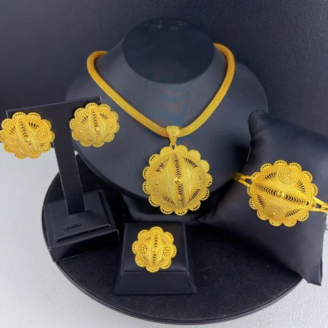Juego de Joyas de Collar y Pendientes Chapados en Oro de 24K Estilo Árabe para Mujer, Regalos de Joyería para Bodas y Fiestas en Nigeria, Dubái, India y África