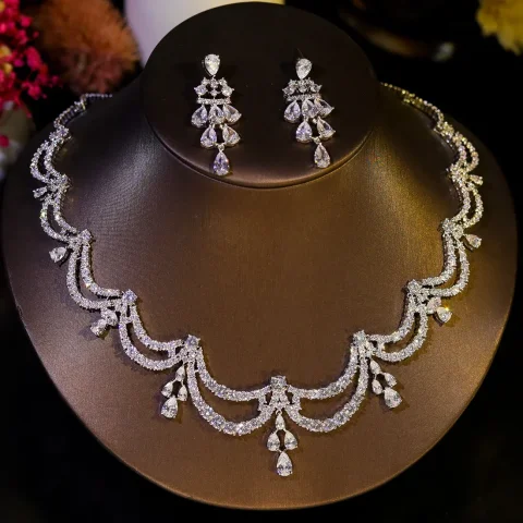 Collar ondulado de dos capas de alta calidad, conjunto de joyería de circón de lujo ligero, accesorios para vestido de novia, adornos, regalo para novia 1