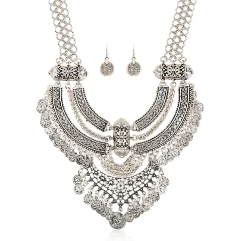 Conjuntos de joyas de Collar de gargantilla de moda para mujer, borla de moneda, étnico, gitano, bohemio, collares de declaración, Pendientes colgantes de gota 3